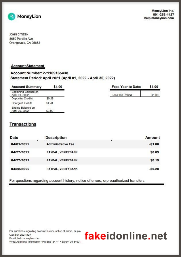 MoneyLion Editable Word Bank Statement